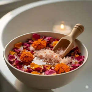 A blend of dried rose petals and marigolds mixed with aromatic bath oils and salts for a spa experience.