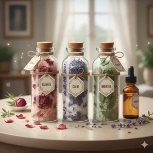 Aesthetic glass vials of handmade shower salts aromatherapy blends with twine and custom labels.