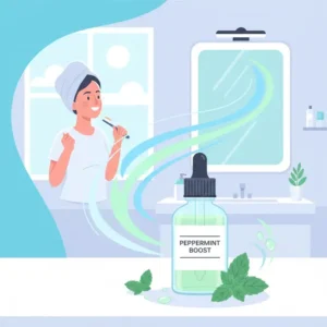 An invigorating bottle of peppermint, the best essential oil for bathroom morning routines.