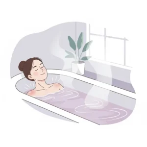 Illustration of a person relaxing in a tub, highlighting the use of soothing bath crystals for muscle recovery.