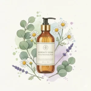 A flat-lay illustration featuring eucalyptus, chamomile, and a bottle of stress relief body wash.