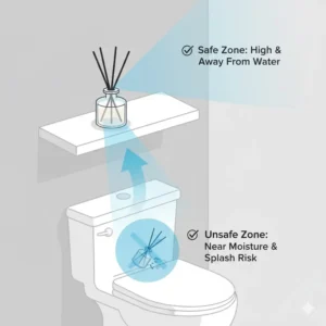Diagram showing the safest height and position for a diffuser in toilet on a high shelf.