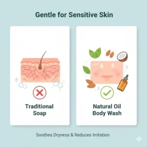 An infographic explaining why natural oil body wash is the best choice for soothing sensitive skin.