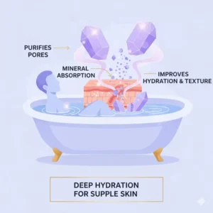 An infographic showing the mineral absorption and skin hydration benefits of bath therapy bath salts.