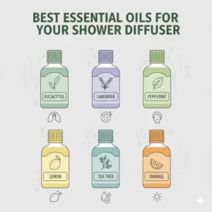 A collection of organic essential oil bottles recommended for use with your home shower oil diffuser.