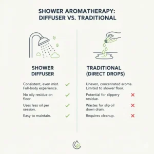 A comparison chart highlighting why an essential oil shower diffuser is more effective than manual methods.