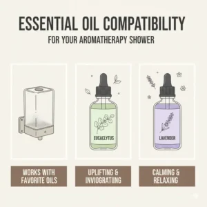 An illustration of various essential oil bottles compatible with a professional shower scent diffuser.