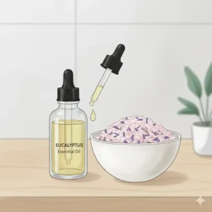 A bottle of eucalyptus essential oil next to a ceramic bowl of soothing bath crystals on a vanity.