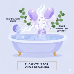 A refreshing illustration of eucalyptus steam rising from a soak with bath therapy bath salts for sinus relief.