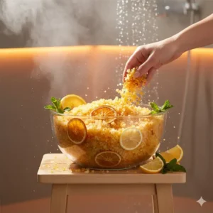 Bright orange and yellow citrus-scented shower salts aromatherapy used to energize a morning shower routine.
