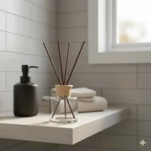A natural wood reed diffuser in toilet providing a constant organic fragrance.
