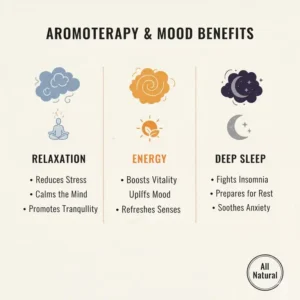 Detailed illustration of aromatherapy scents available when you order bath salts for stress relief.