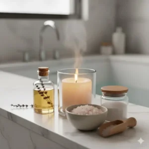 A lit candle sitting next to premium containers of bath oils and salts on the edge of a white bathtub.