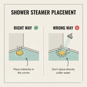 A diagram showing the correct placement of a steamer tablet on the floor during aromatherapy showers.