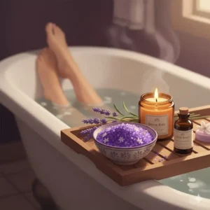 Purple lavender-infused shower salts aromatherapy placed on a wooden bath tray for a nighttime ritual.