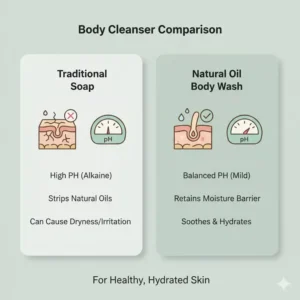 A side-by-side comparison showing the pH benefits of natural oil body wash versus regular soap.