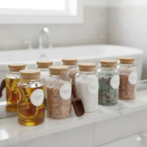 Organized glass apothecary jars labeled for various types of organic bath oils and salts on a bathroom shelf.