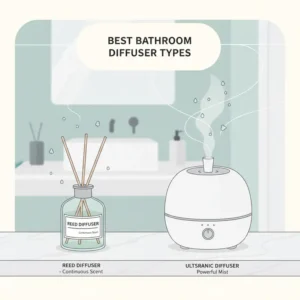 A reed diffuser and electric device to disperse the best essential oil for bathroom fragrance.