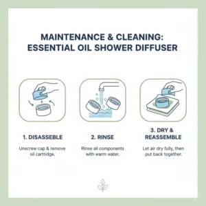 Visual guide on how to clean and descaling an essential oil shower diffuser for long-lasting use.