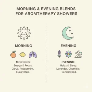 A comparison chart of energizing morning and calming evening essential oil blends for aromatherapy showers.