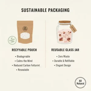 Showcasing our sustainable and plastic-free packaging used every time you order bath salts.