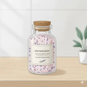 An eco-friendly glass apothecary jar filled with soothing bath crystals labeled for home spa use.