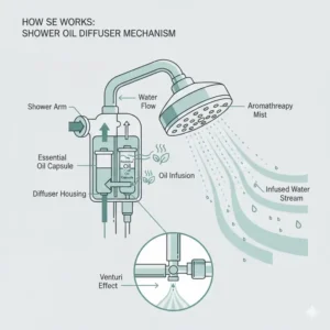 Technical drawing showing how water pressure works within a shower oil diffuser to disperse scents.