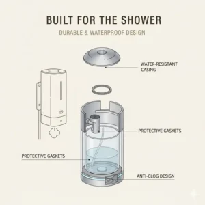A diagram showcasing the waterproof gaskets and durable casing of a high-quality shower scent diffuser.