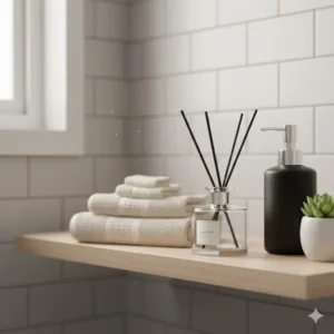 Decorative setup of a diffuser in toilet alongside luxury hand towels and soap