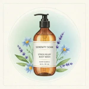 An artistic illustration of a calming self-care ritual featuring a stress relief body wash on a bathroom tray.