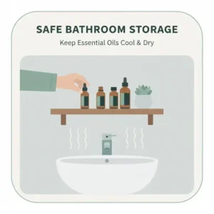 A high wooden shelf organized to store the best essential oil for bathroom safety.