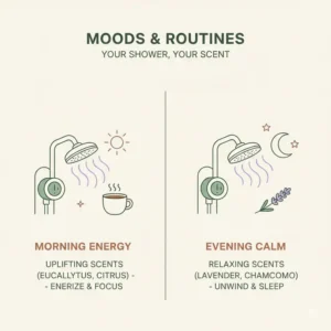 A split illustration of a shower scent diffuser being used for morning energy and evening relaxation routines.