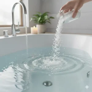 Action shot of sea bath oils and salts being poured into running bath water to dissolve.
