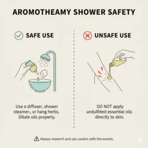An educational graphic regarding the safe use and proper dilution of oils for aromatherapy showers