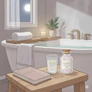 A cozy bathroom scene featuring a book and soothing bath crystals ready for a nighttime routine.
