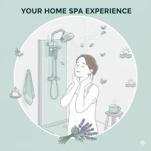 Artistic illustration of a peaceful home spa environment created by using a shower oil diffuser daily.