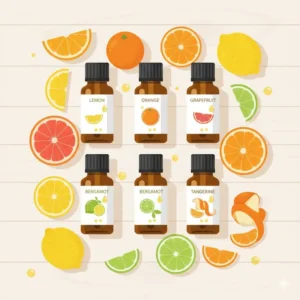 A flat lay illustration of citrus essential oil flavors including lemon, orange, and grapefruit.