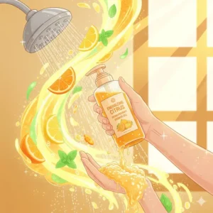 An illustration of a person using energizing citrus aromatherapy shower gel in a bright morning shower.