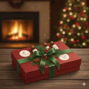 Festive holiday essential oil gift box decorated with pine needles and red ribbons.