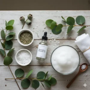 Illustration of eucalyptus bubble bath ingredients including essential oils, sea salt, and fresh branches.