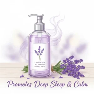 A bottle of lavender scented bubble bath placed next to fresh lavender for relaxation.