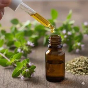 A close-up of oregano oil being measured with a dropper to show one of the strongest essential oils.