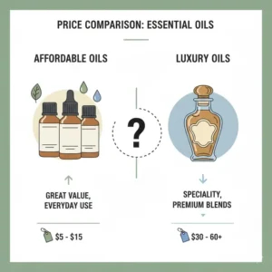 A comparison infographic showing the value of buying the best cheap essential oils versus luxury brands.