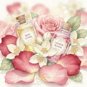 Floral illustration of rose and jasmine petals representing the best smelling essential oil for a sweet aroma.