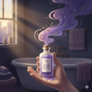 A soothing illustration of lavender-scented aromatherapy shower gel with aromatic steam in a bathroom.