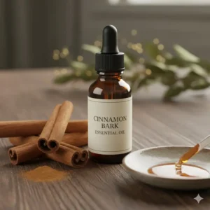 Cinnamon bark sticks next to a vial of cinnamon oil, known as one of the strongest essential oils.