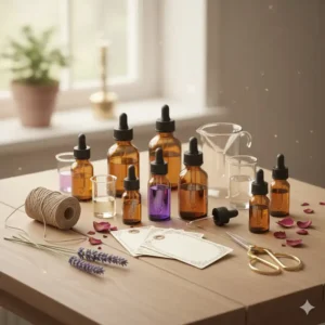 Handmade essential oil gift supplies including amber bottles and craft labels on a wooden desk.