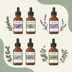 A hand-drawn collection of herbal essential oil flavors such as peppermint, rosemary, and lavender.