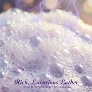 Close-up of thick and iridescent bubbles created by a premium scented bubble bath.