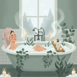 A serene illustration of a woman relaxing in a bathtub filled with aromatic eucalyptus bubble bath.